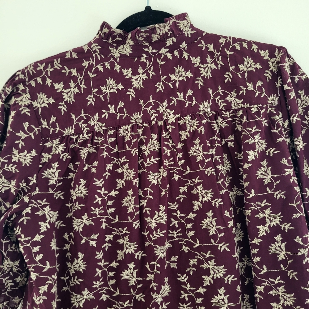 Ann Taylor Sz Medium Burgundy Embroidered Floral Ruffle Button Shirt 100% Cotton - Picture 9 of 9